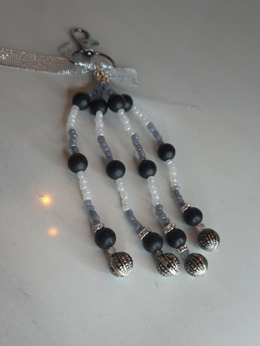 Handmade White and Gray Beaded Tassel Bag Charm